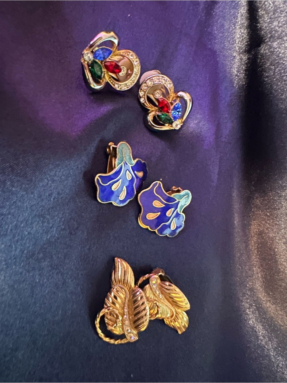 Gold-Tone Floral Clip Earrings Set with Blue and Multicolor Accents